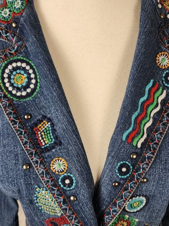 Ruby Rd Colorful Bohemian Embroidered Denim Blazer - Picture 2 of 7